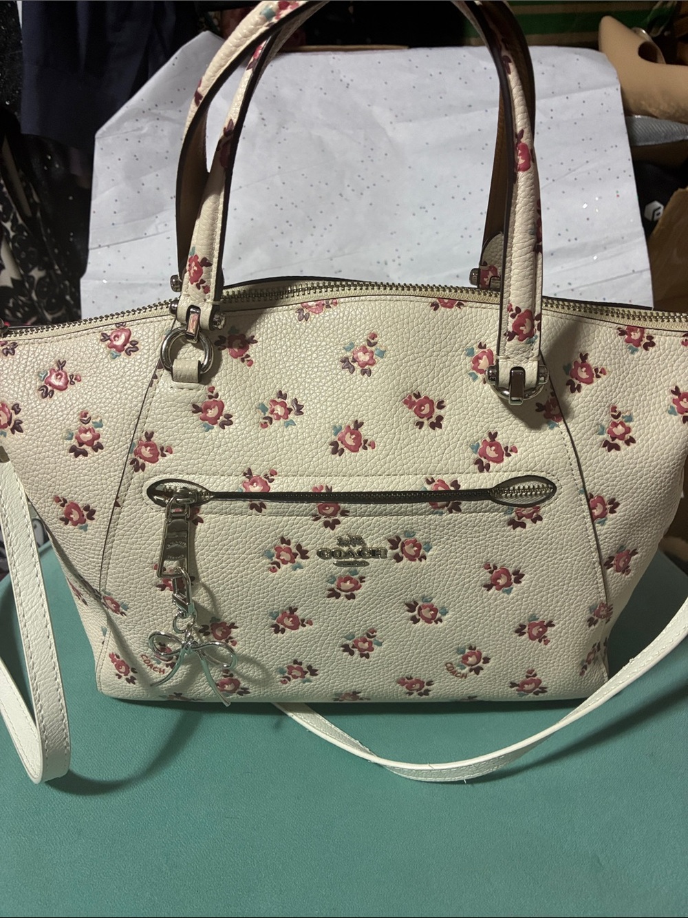 Coach Cream Leather Floral Satchel with Pink Rose Print